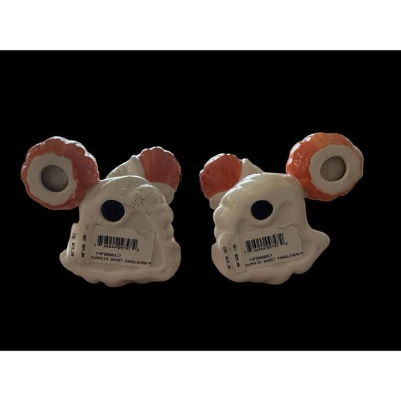 Halloween Fall Pumpkin Ghost Candlestick Holders Pair of 1996 Fitz & Floyd - Picture 3 of 9